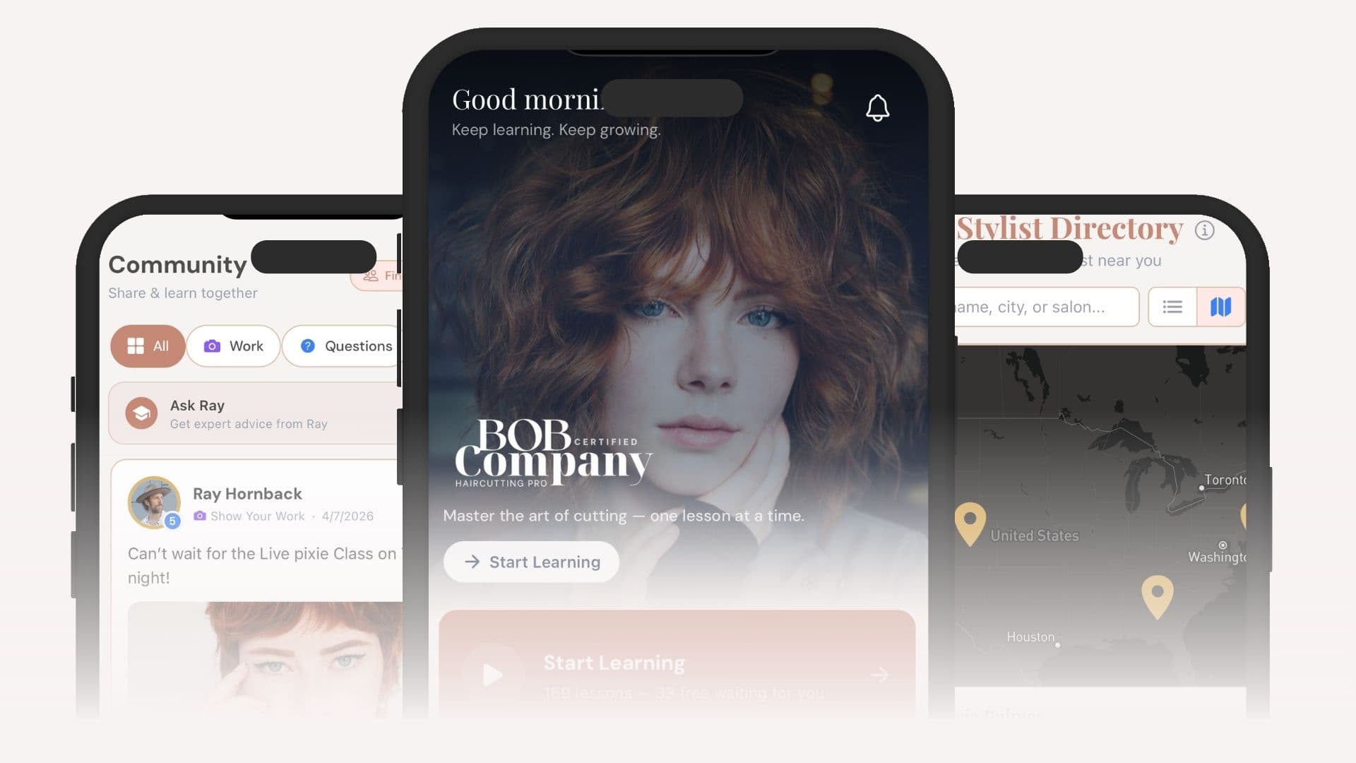 The Bob Company app shown on three phones — Community, Home, and Stylist Directory